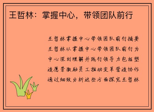 王哲林:掌握中心,带领团队前行